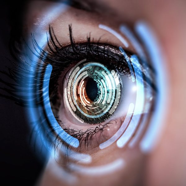Close up of an eye with circular graphics overlaid